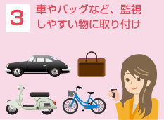 3.車やバックなど、監視しやすい物に取り付け